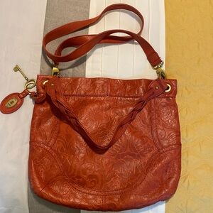 FOSSIL Winslet RED Leather Embossed Tooled Large Hobo Shoulder Handbag Tote